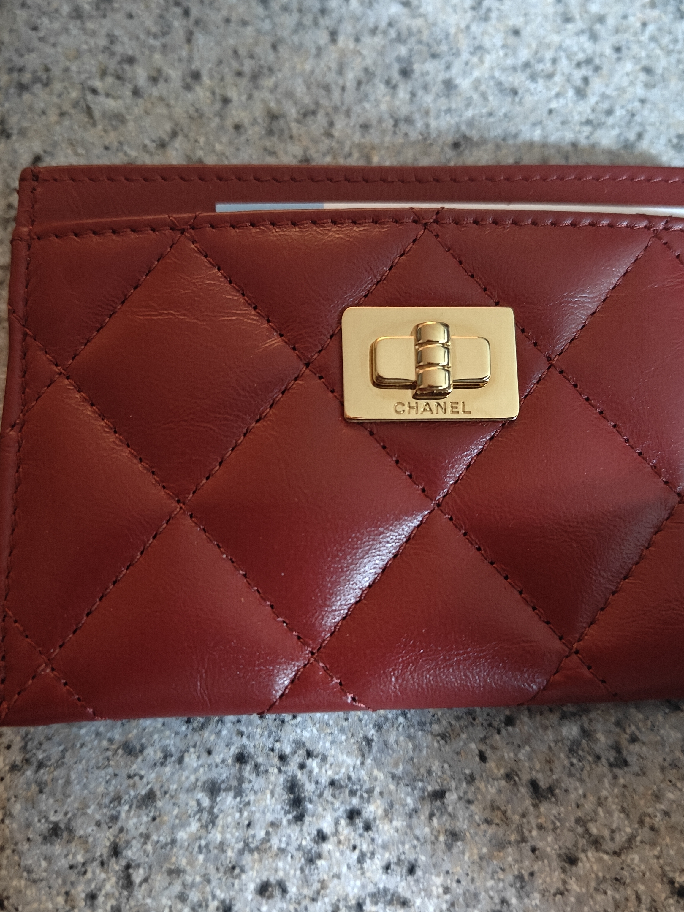 Chanel Quilted Red Leather Card Holder With Gold-Tone Turn Lock Emblem W/ Box